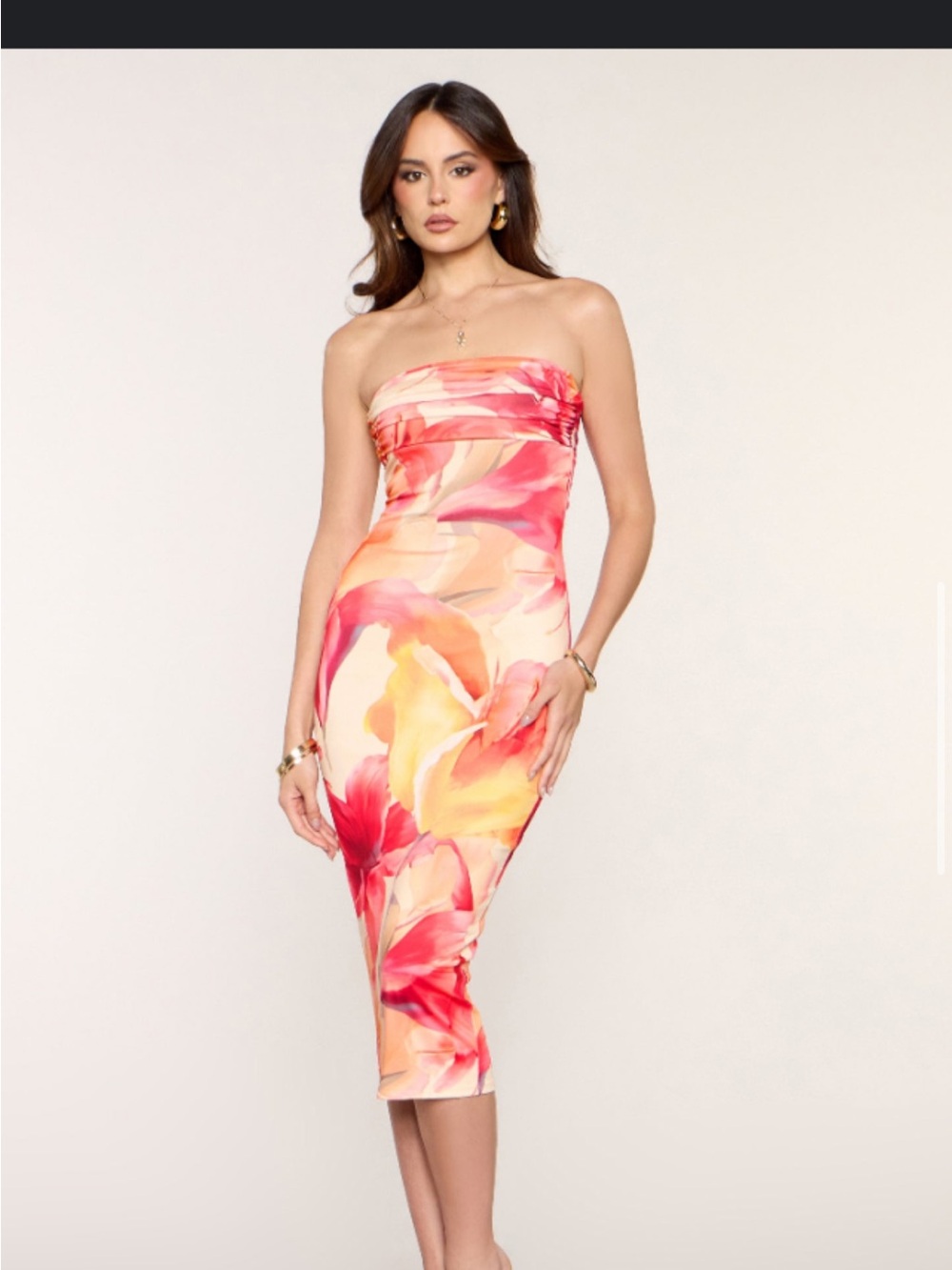 Windsor Strapless Floral Midi Dress in Pink and Yellow